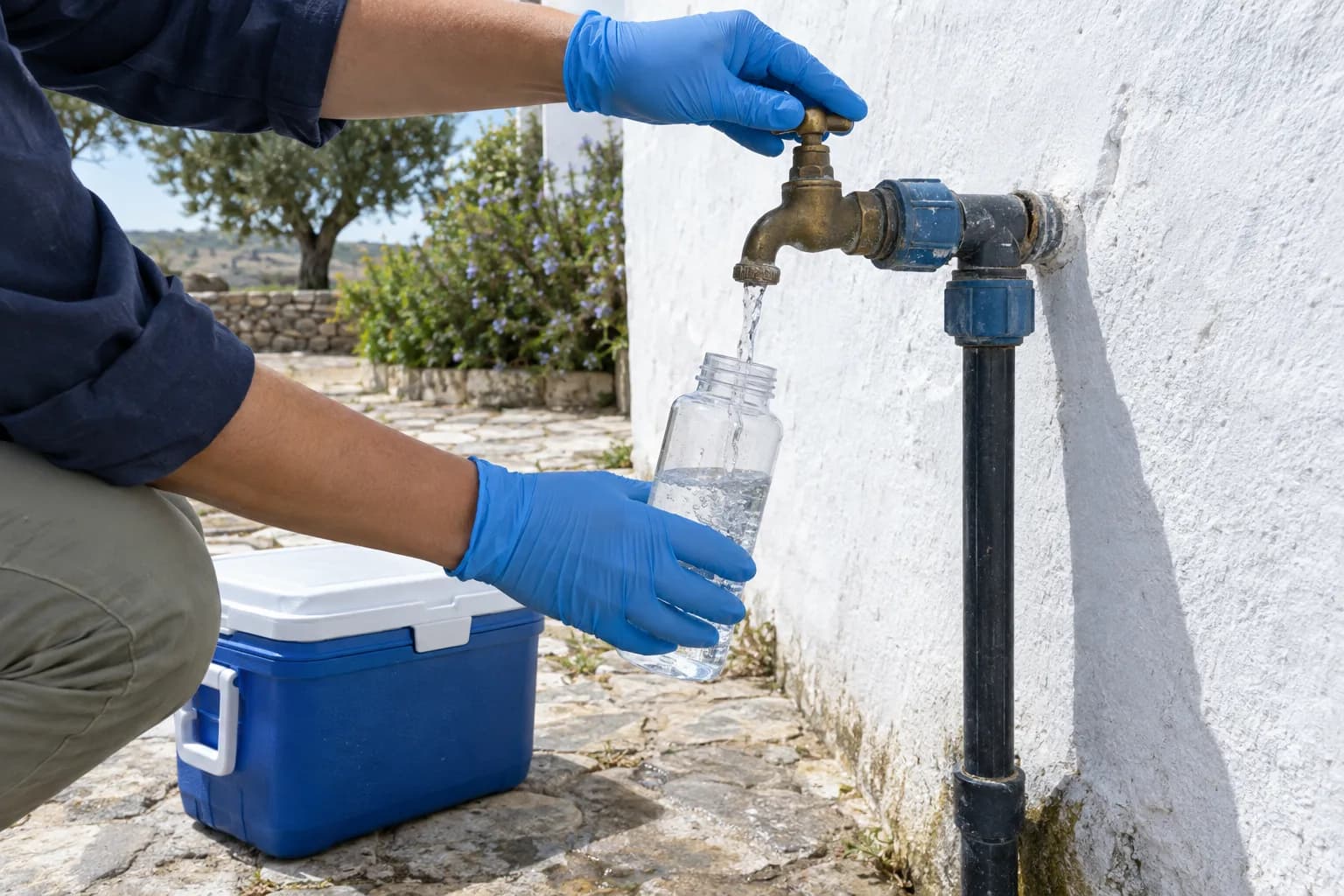 Mãos com luvas azuis a encher um frasco transparente de amostra numa torneira exterior, junto a uma parede caiada, com uma mala térmica no chão