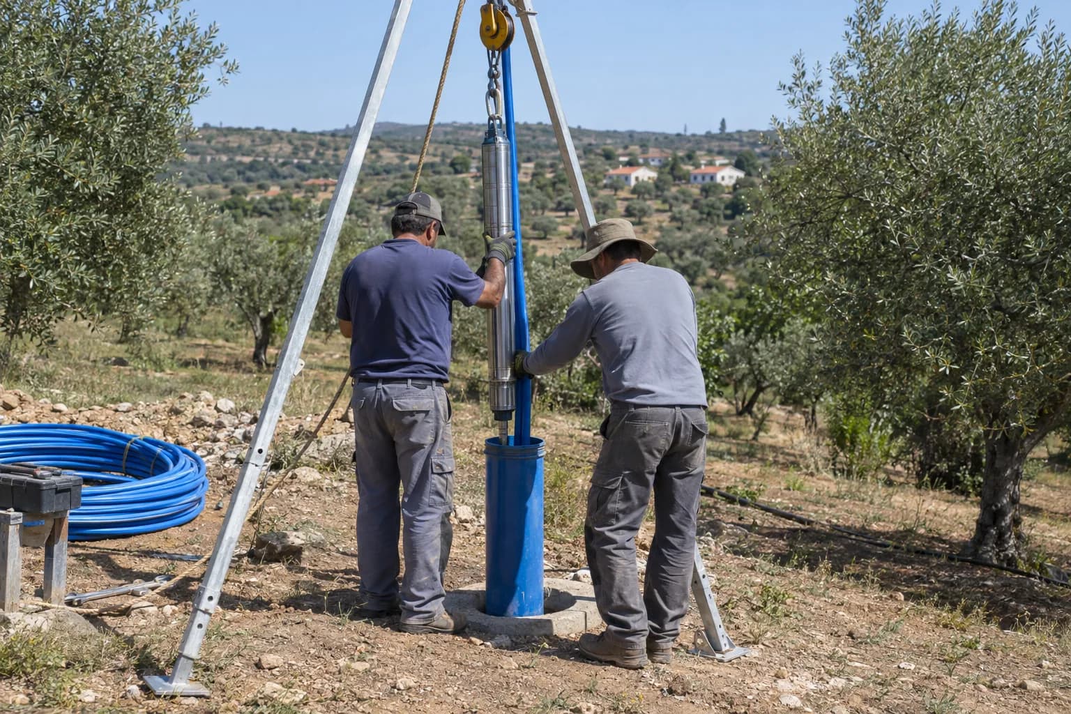 Dois trabalhadores, vistos de costas, a descer uma bomba submersível em aço inoxidável, presa a um tubo azul, para dentro de um furo, com um tripé de elevação