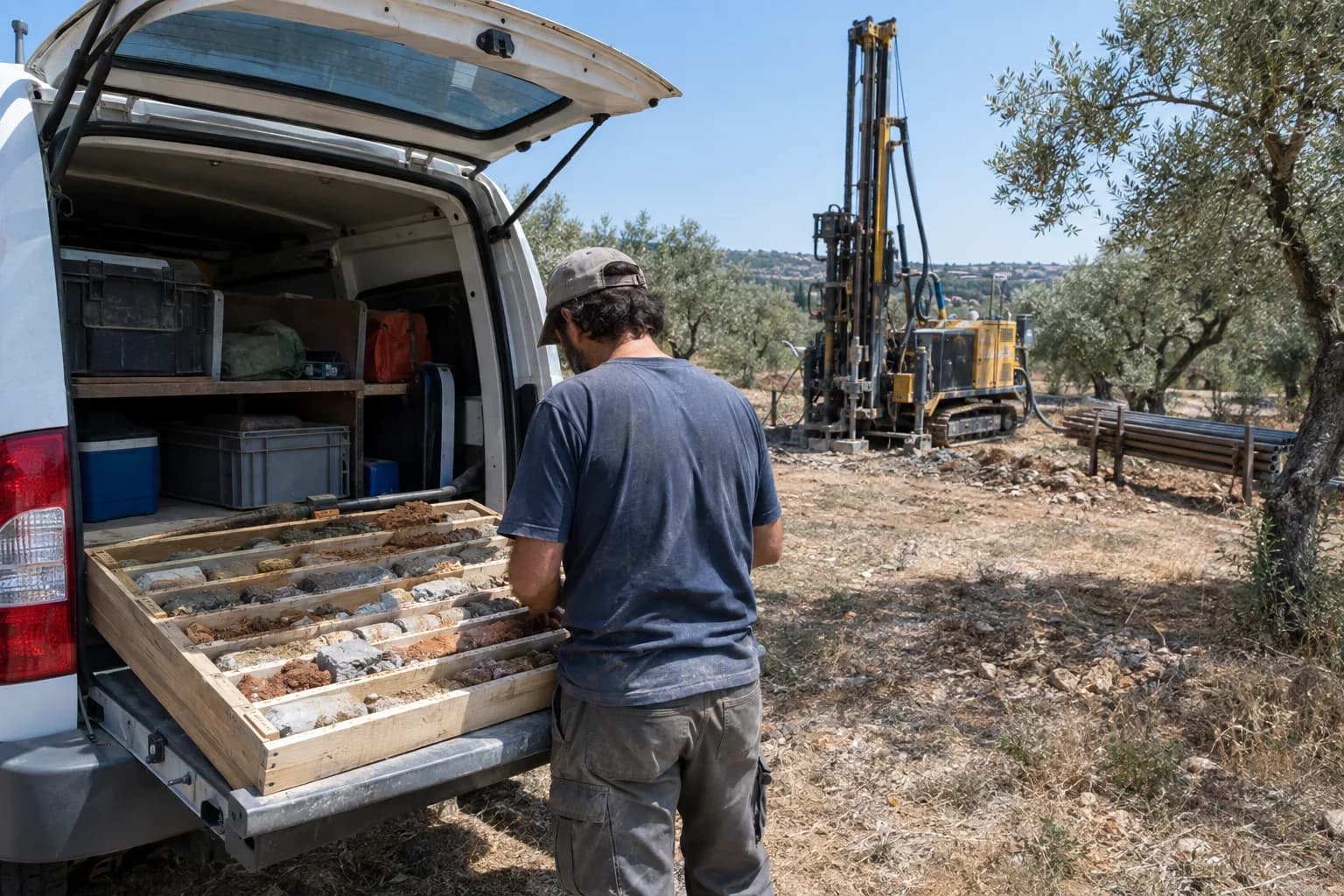 Técnico de costas a organizar amostras de terra e rocha numa caixa de madeira na traseira de uma carrinha, com uma máquina de furos e oliveiras ao fundo