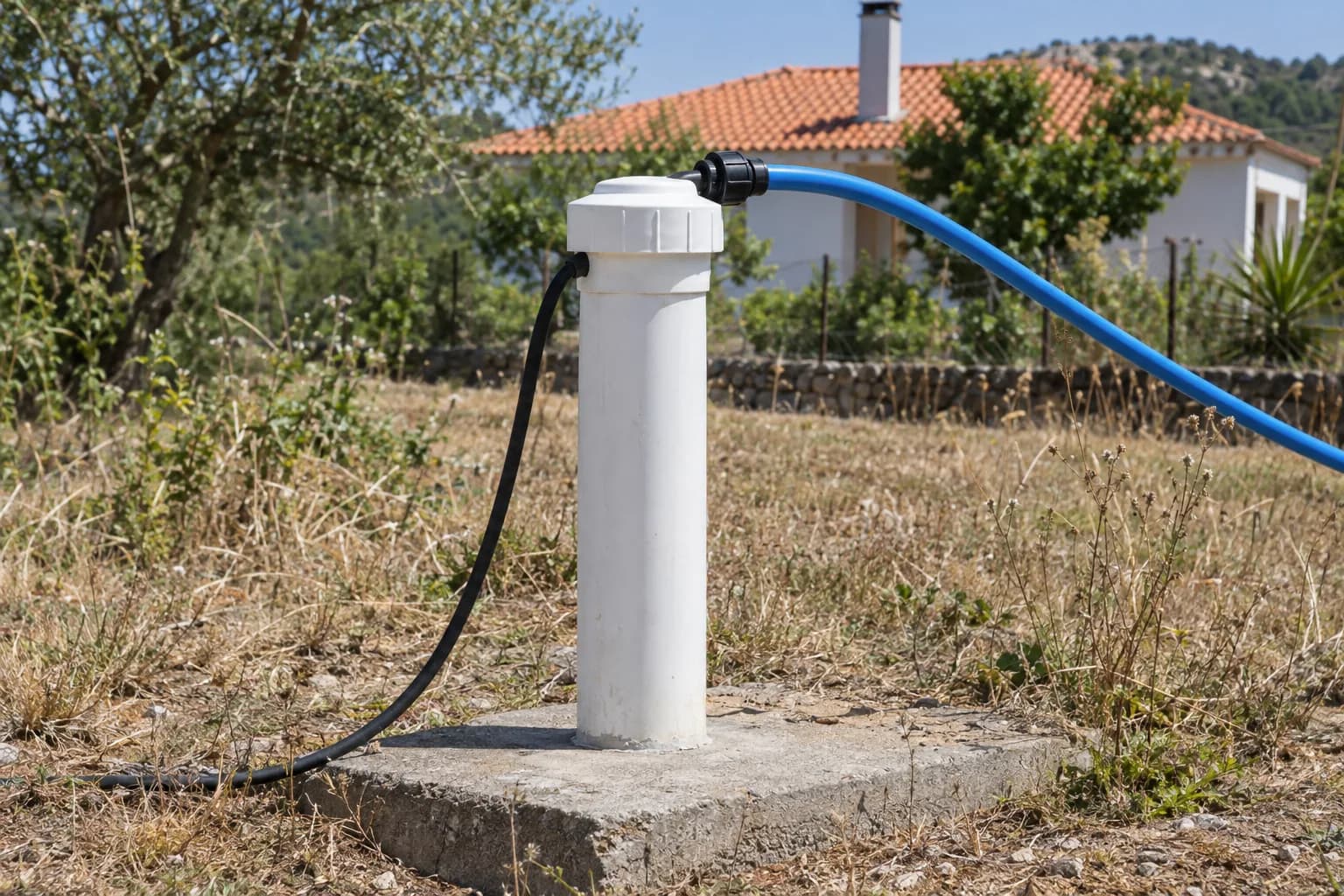 Boca de um furo de água acabado, com tubo branco tapado, cabo elétrico e tubo azul, num terreno com erva seca