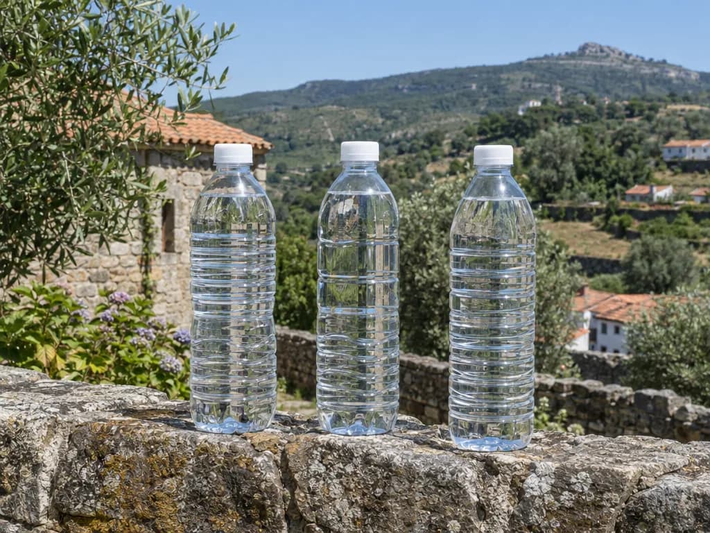 Três garrafas de água transparentes sobre um muro de pedra