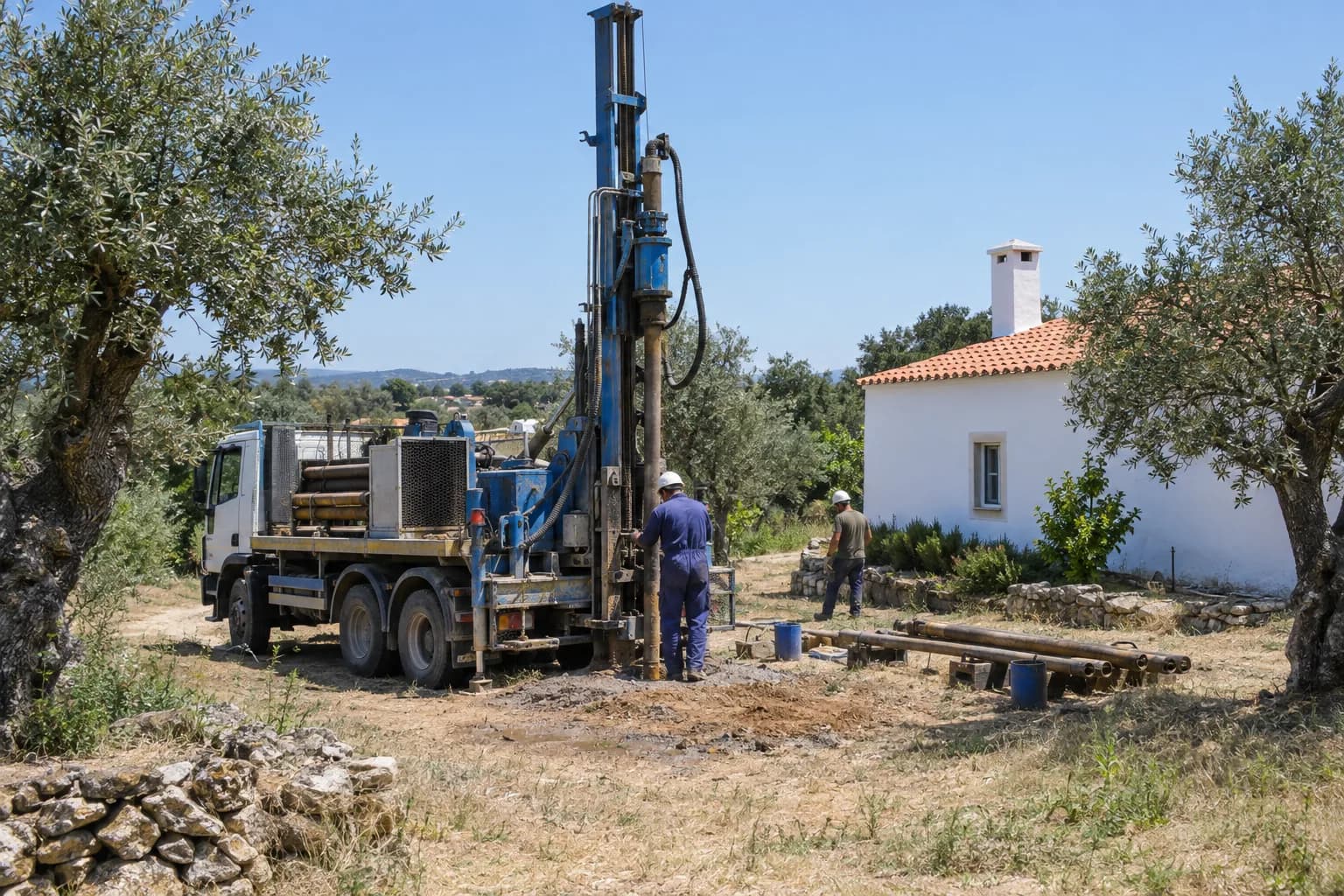 Máquina de furos montada num camião a trabalhar num terreno rural junto a uma casa caiada com telhado de telha, entre oliveiras