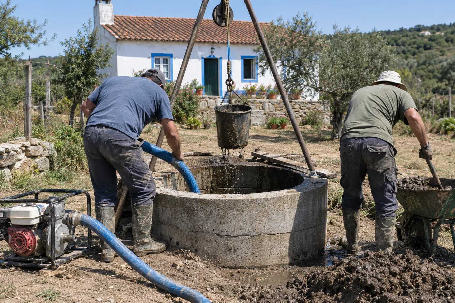 Dois trabalhadores, vistos de costas, junto a um poço de anéis de betão, com a mangueira de uma bomba e um balde preso a um guincho
