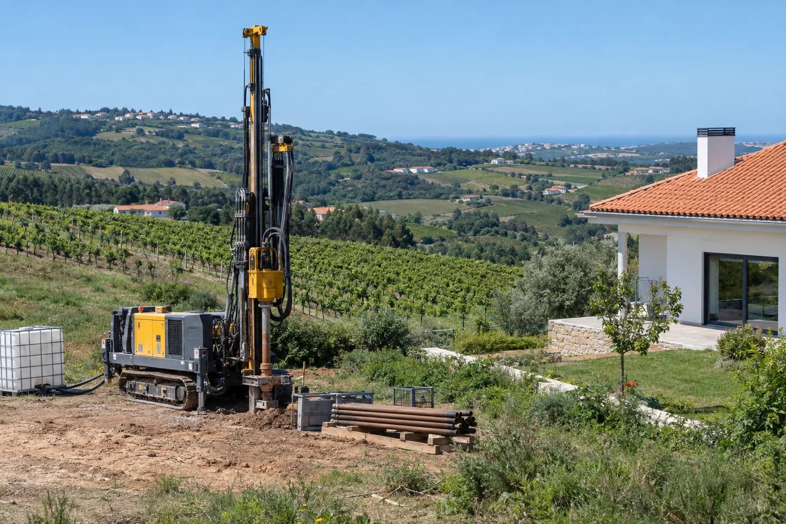 Máquina de furos num terreno junto a uma moradia branca com telhado de telha, entre vinhas e colinas a oeste de Lisboa